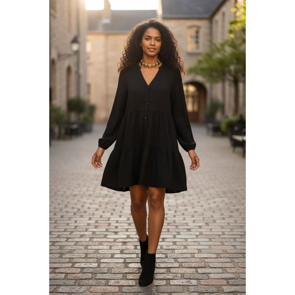 NINE WEST Women's Button Down Tiered Black Long Sleeve Crinkle Dress Size Medium